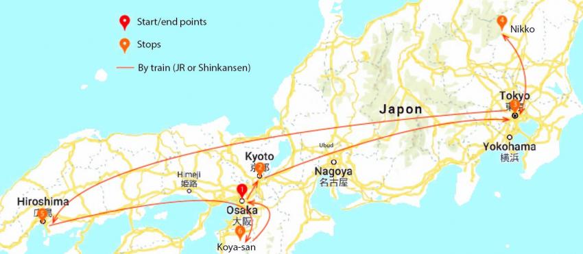 carte de l'itinéraire Japon 2013