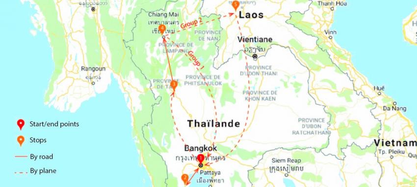 Carte de l'itinéraire pour le Laos et la Thaïlande