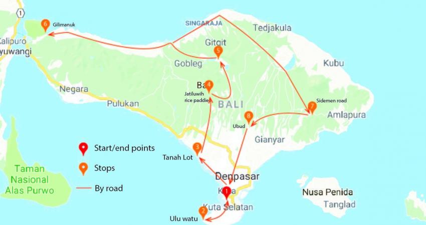 Map of Bali on a scooter itinerary